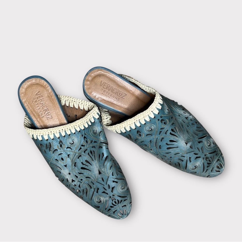 Sundance Vera Cruz Olivetta leather teal mules - Picture 6 of 9